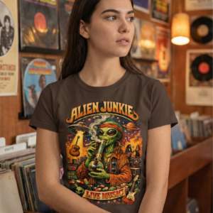 Meisje in bruin alien junkie shirt