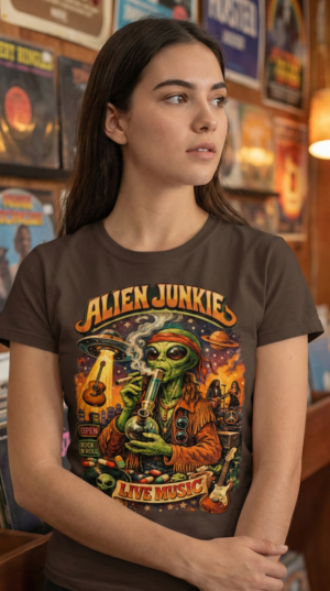 Girl in brown alien junkie shirt
