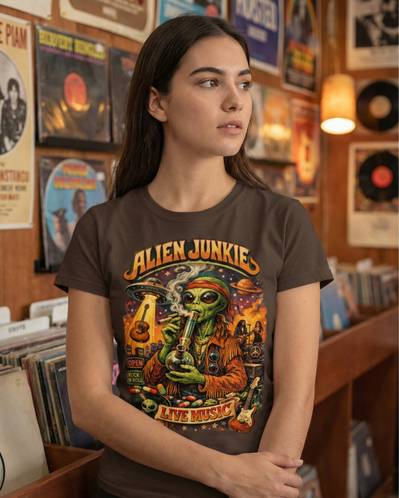 Meisje in bruin alien junkie shirt