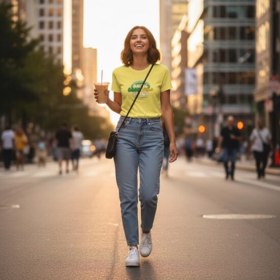 vrouw, stad, t-shirt
