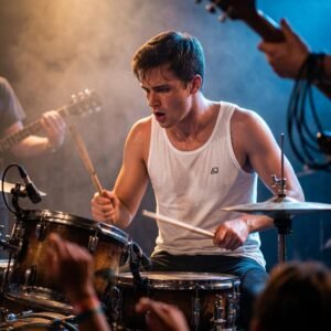 drummer wearing alien junkie techno festival tank top live music performance