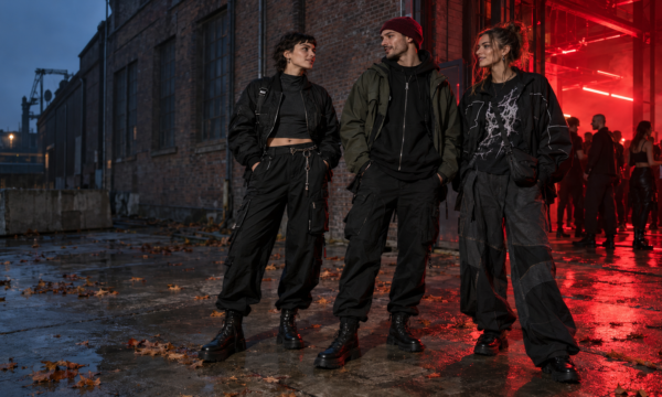 Drie feestgangers in donkere jassen, cargobroeken en boots bij een rood verlichte warehouse-ingang op een natte herfstavond.