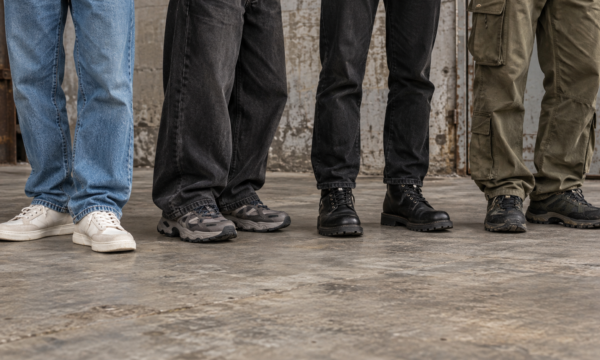 Vier broek- en schoencombinaties met lichte sneakers, grove sneakers, zwarte boots en donkere outdoorschoenen.