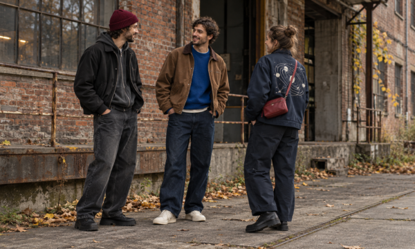 Drie personen in herfstoutfits met bordeauxrode accessoires, een blauwe trui en een donkerblauwe jas met ruimteprint.